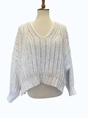 Free People Off-White V-Neck Open Rib Knit Sweater #319